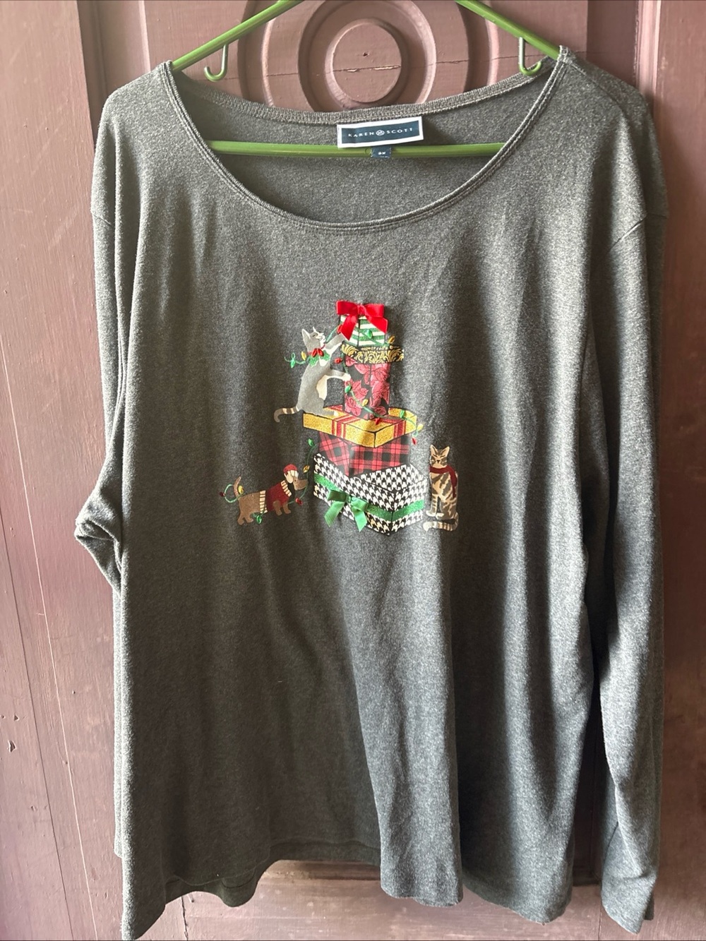 Karen Scott Olive Green Long-Sleeve Holiday Gift & Pets Graphic Top
